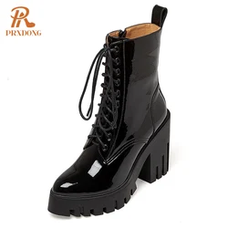 PRXDONG Women's Shoes 2022 New Genuine Leather Chunky High Heels Platform Black Zipper Dress Party Motorcycle Ankle Boots Shoes