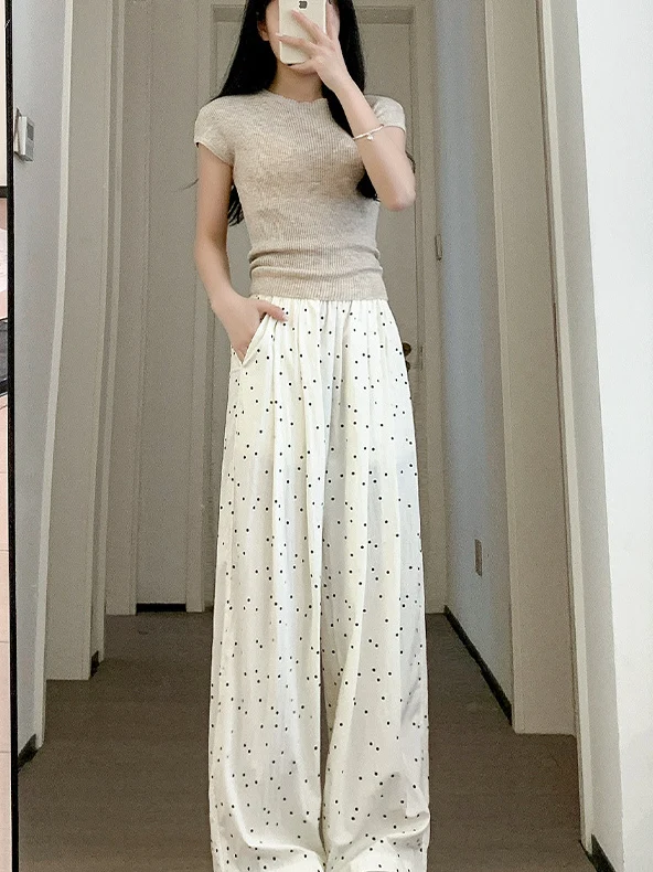 White Polka Dot Wide Leg Pants Women's Summer Thin Casual Bf Lazy Sle Small Size Loose Samba Pants High Waist Straight Leg