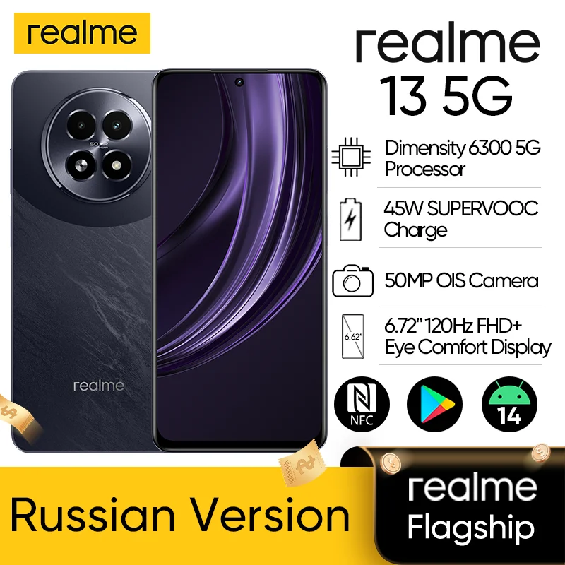   Realme 13 5G Smartphone Dimensity 6300 Chipset 50MP OIS Cámara 120Hz Pantalla 45W Carga 5000mAh Batería Modo GT