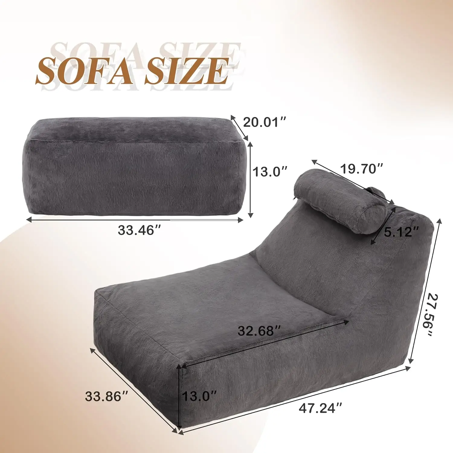 Bean Bag Chair Large Indoor Beanbag Sofa Lazy Beanbag with Neck Roll&Ottoman Cozy Floor Sofa with Washable Cover&Side P