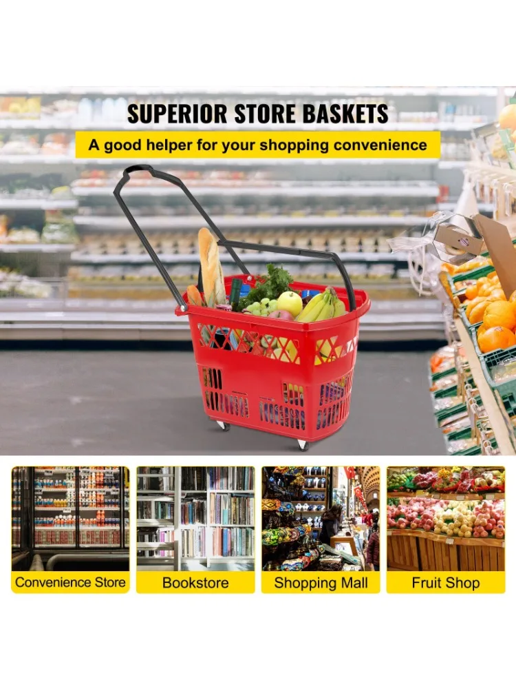 6-piece shopping cart, plastic rolling shopping basket with wheels, red shopping basket with handle