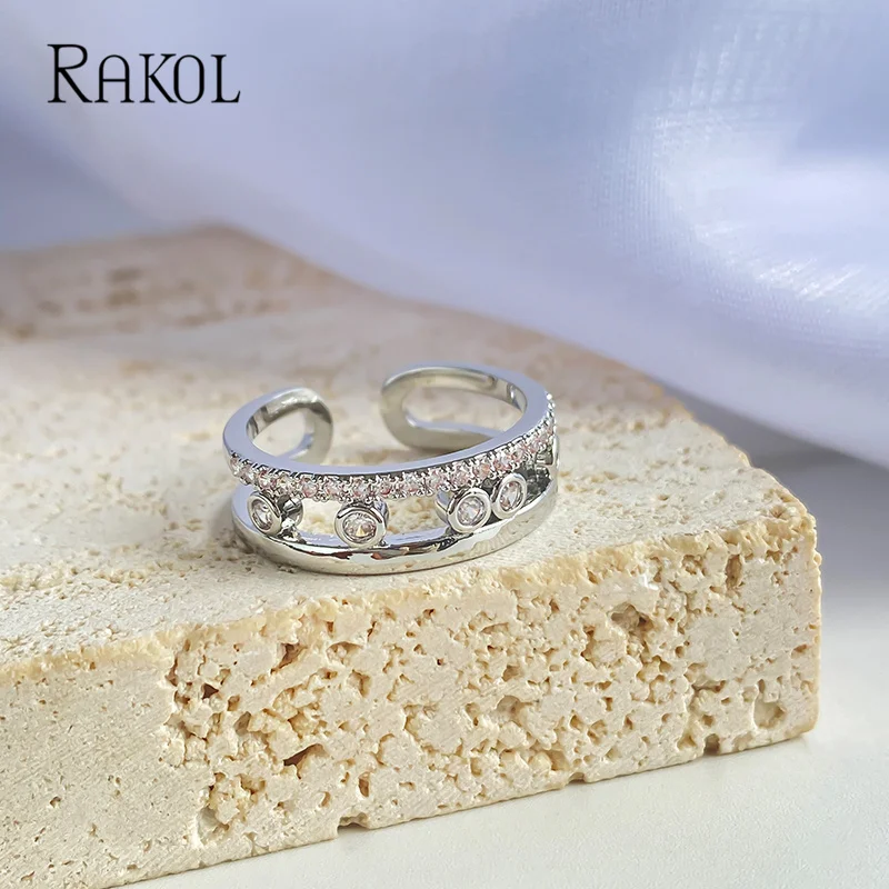 RAKOL Fashion Multipoint doppio strato anelli aperti per le donne INS Trendy Cubic Zirconia anello regolabile gioielli per feste