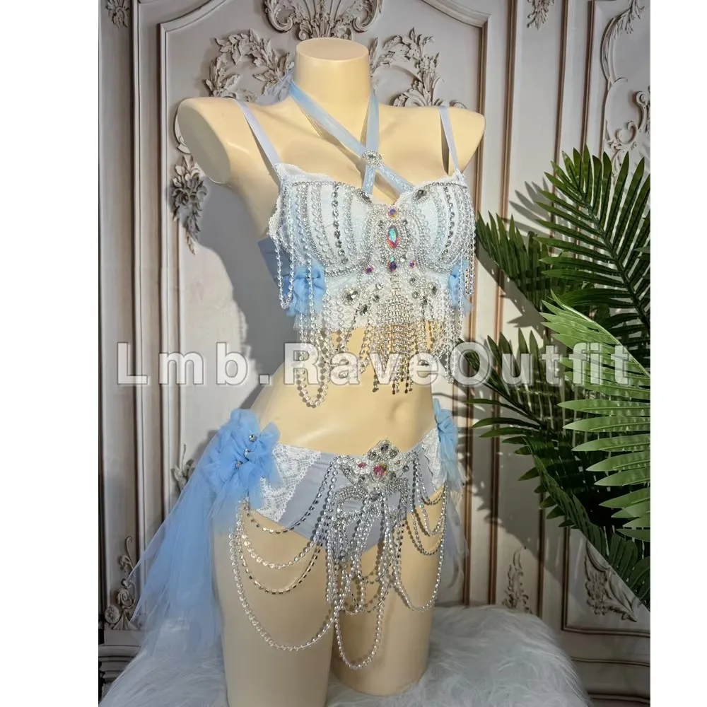 Luxury Diamond Beaded Tassel Bikini Women Sexy Stage Performance Costume Bar Nightclub Singer Dancer Club Party Rave Dancewear