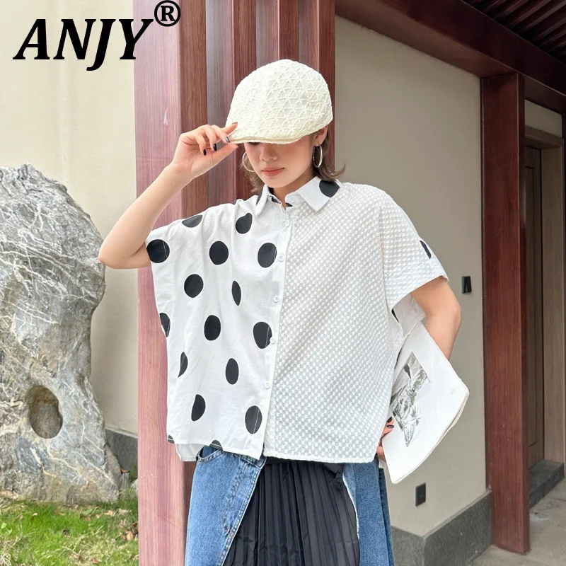 

ANJY Summer New Women Retro Design Patchwork Polka Dot Irregular Short Sleeve Shirt Tide Fashion Loose Casual Ins Blouse A21843