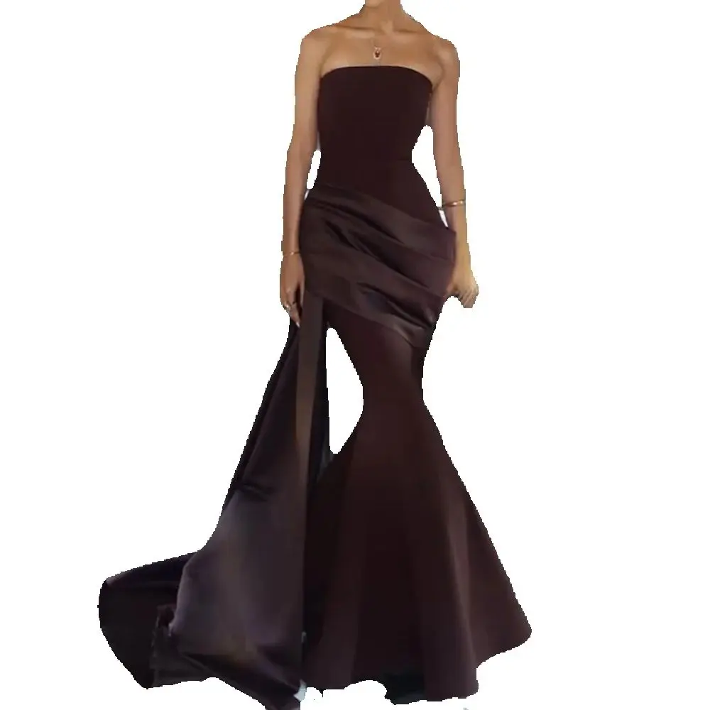 Maßgeschneiderte trägerlose formelle Abendkleider, rückenfrei, plissiert, bodenlang, Satin-Abschlussballkleid, langes, ärmelloses Meerjungfrau-Partykleid