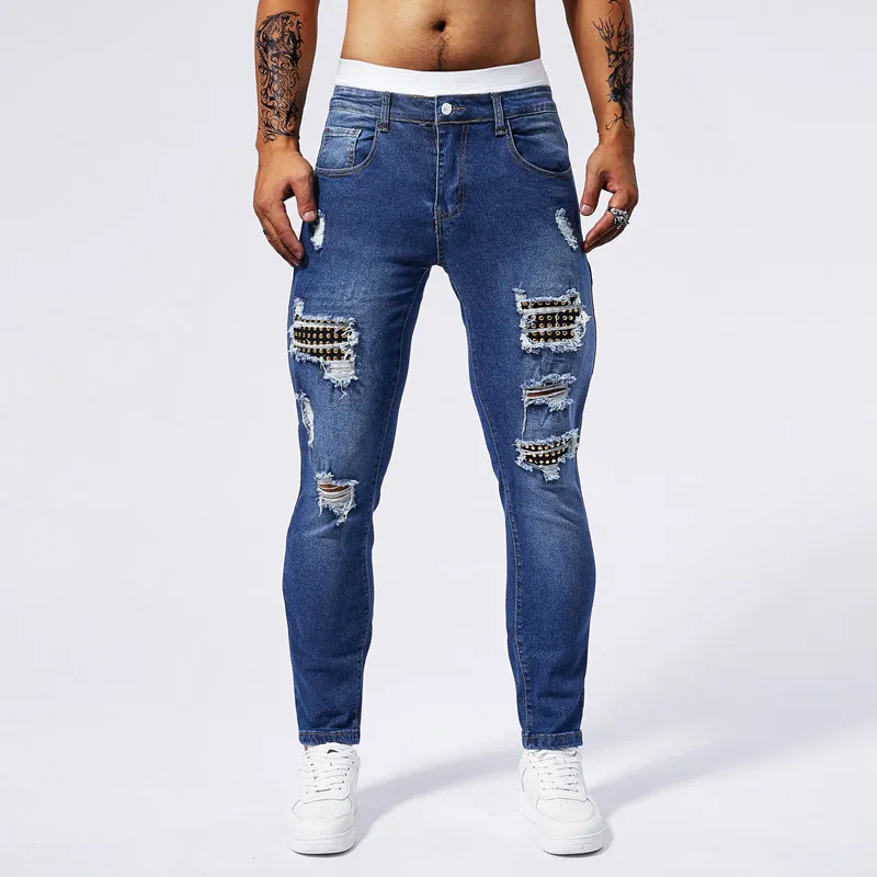 

High Quality Men's Denim Pants Hole Ruined High Street New Worn-out Small Leg Elastic Jeans Tight Jeans for Men