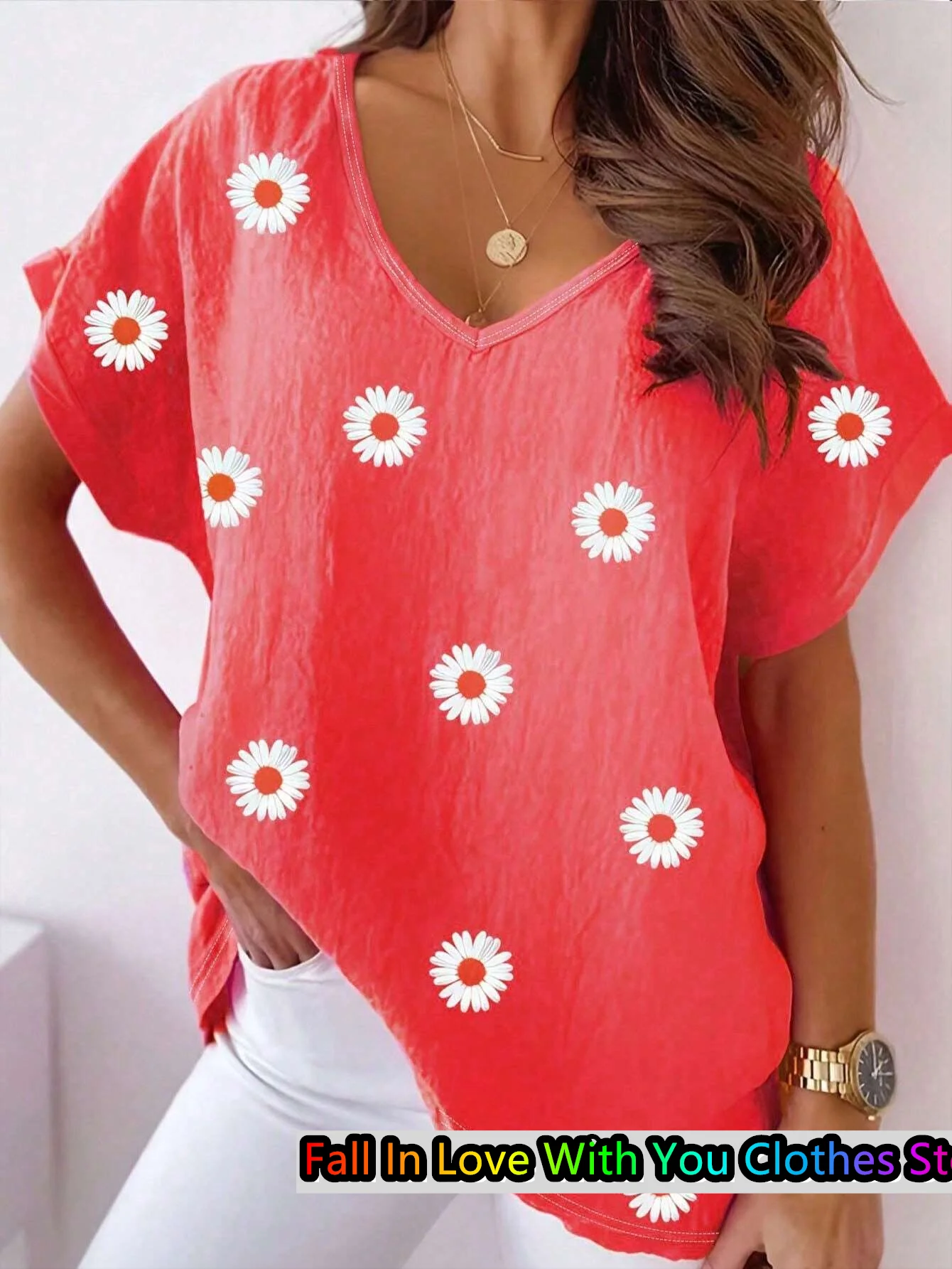 Damen-T-Shirt mit Gänseblümchen-Motiv, lässig, V-Ausschnitt, kurzärmelig, Sommermode, lässig, locker, übergroß, Tops, tägliche Damenbekleidung