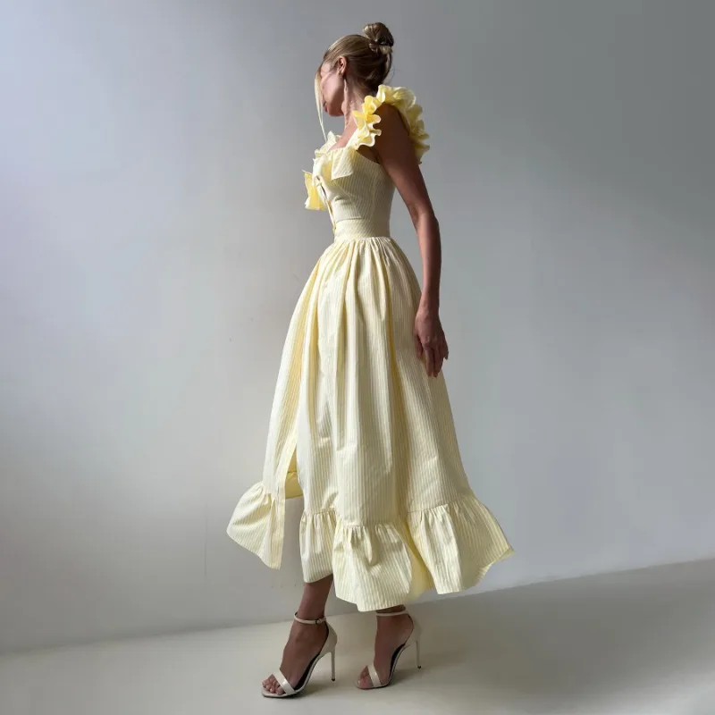 فساتين نسائية صيفية مخططة بطيات مكشكشة وأكمام قصيرة ورقبة مربعة واحدة الصدر وأزرار مكشكشة على شكل حرف a فساتين طويلة ماكسي #3