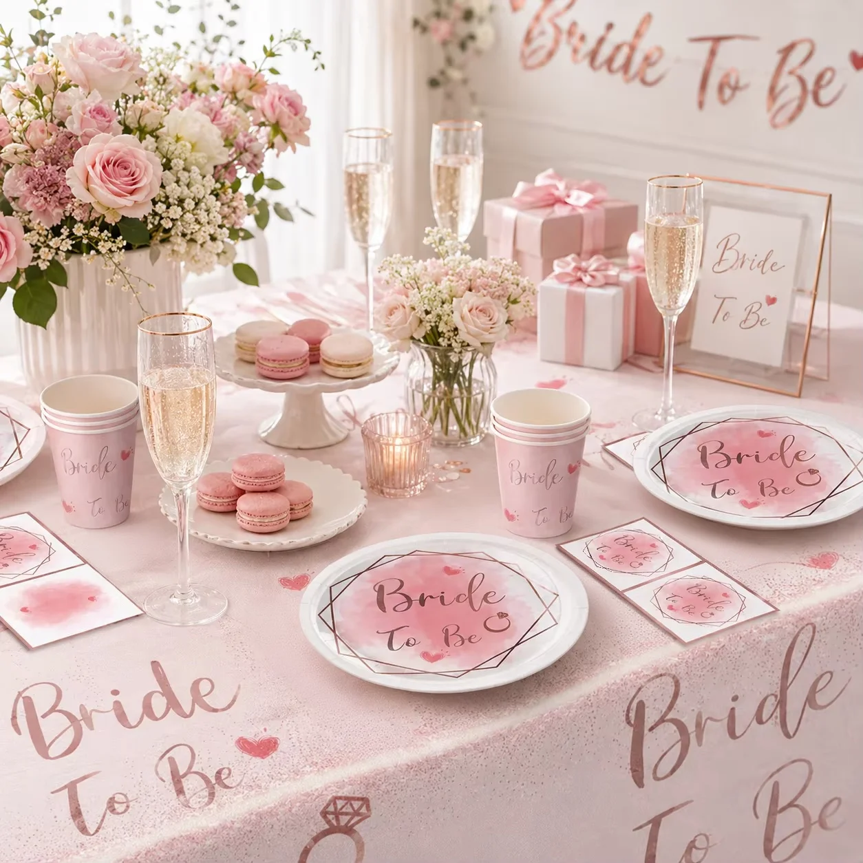 Pink Bride Themed Bachelorette party Decoration set, Tablecloth Plates Napkins Cups Wedding Celebration Party Favors