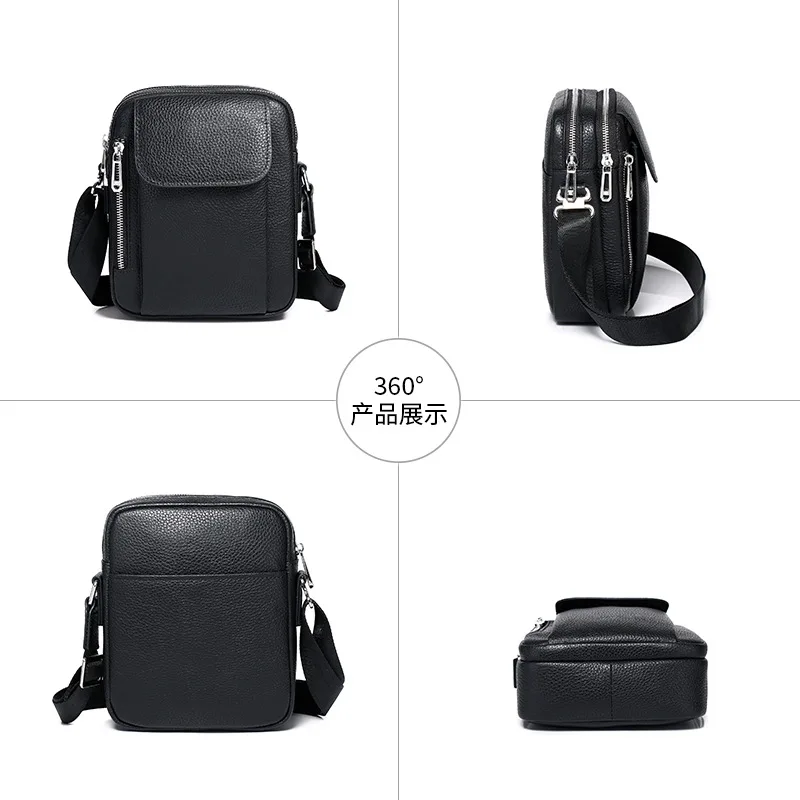 Men's multi-pocket crossbody bag, high-end large-capacity versatile commuting black genuine leather men's single-shoulder bag