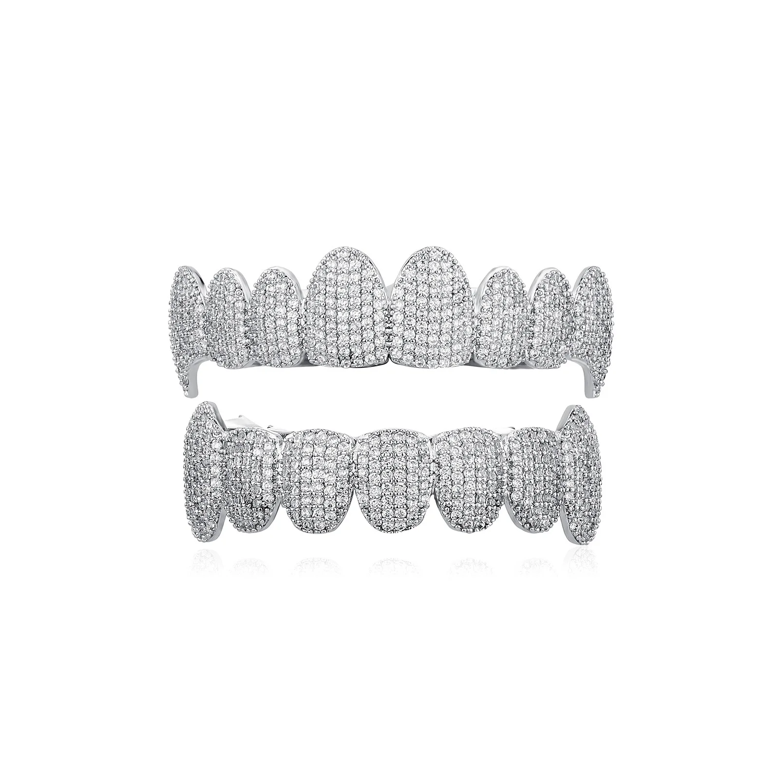 Iced Out 8 Teeth Grillz Jewelry Full Zircon Hip Hop Tooth Cover Silver Tone Rapper Style Mouth Accessories Streetwear Fashion