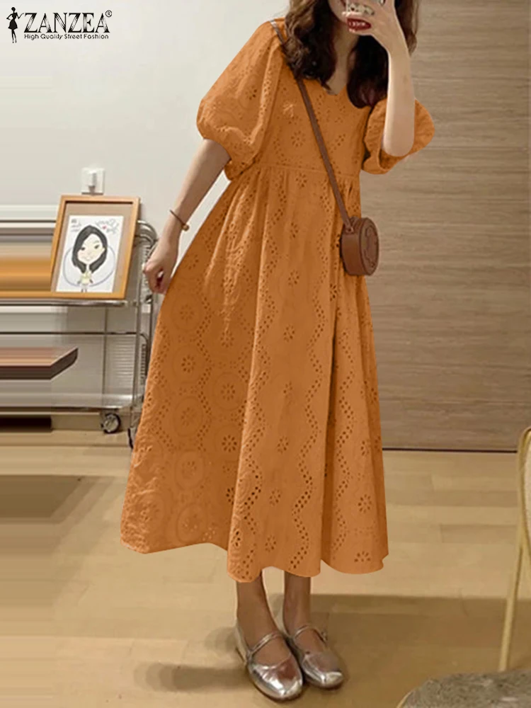 

Bohemain Lace Crochet Holiday Dress Women Summer Dress ZANZEA Fashion Elegant Puff Sleeve Party Work Vestido Embroidery Sundress