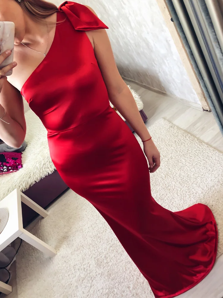 Romagic Elegant Burgundy Bow Evening Gowns Green Stretchy Satin Sleeveless One Shoulder Mermaid Wedding Dresses Bridesmaid Dress