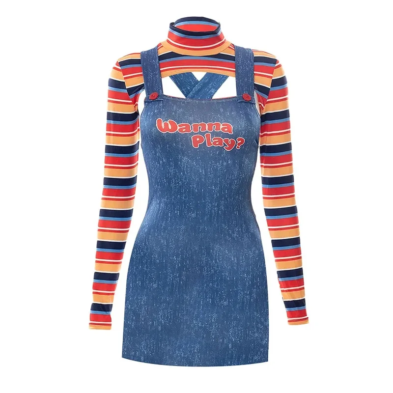 MN1 Women Scary Nightmare Killer Doll Wanna Play Movie Character Bodysuit Chucky Doll Costume Cosplay Jumpsuit9*Jy