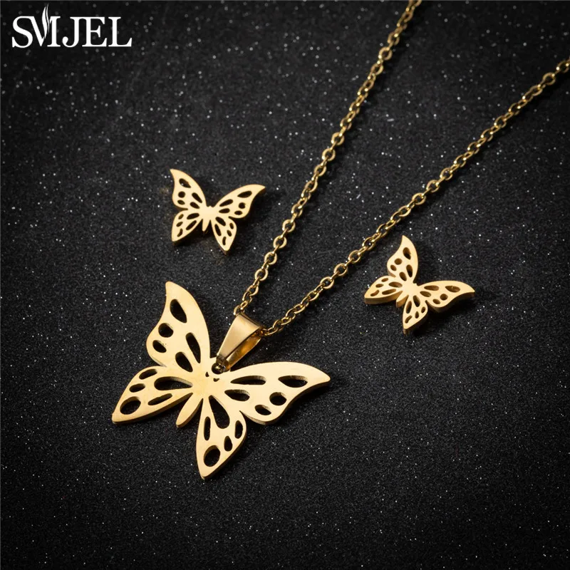 Korea Style Stainless Steel Butterfly Jewelry Sets for Women Cartoon Bee Insect Pendant Necklace Girls Summer Beach Wedding Gift