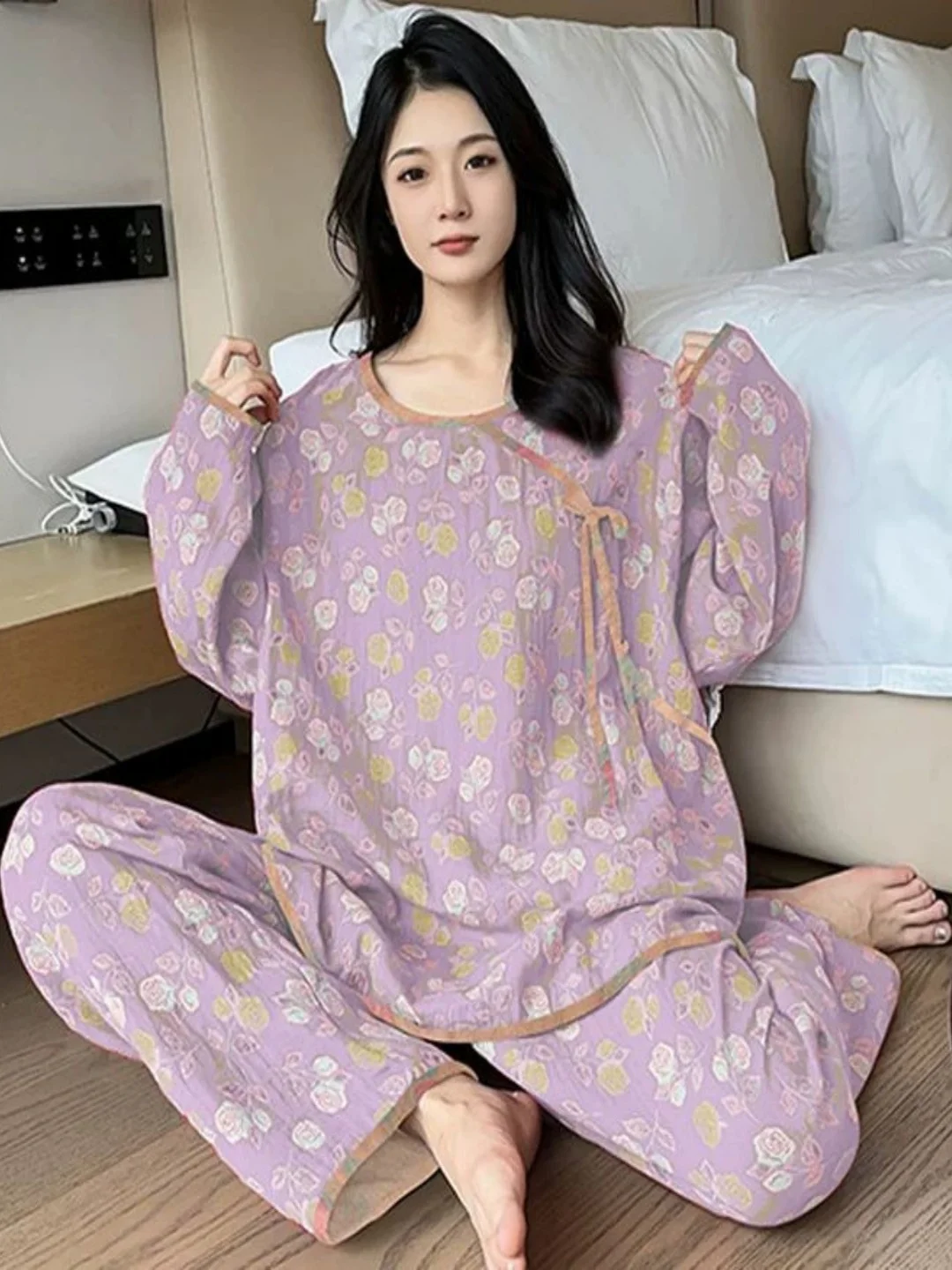 

Large Size Floral Print Sleepwear Set round Neck Long Sleeve Women's Home Clothes Traditional Chinese Style Comfortable Fit