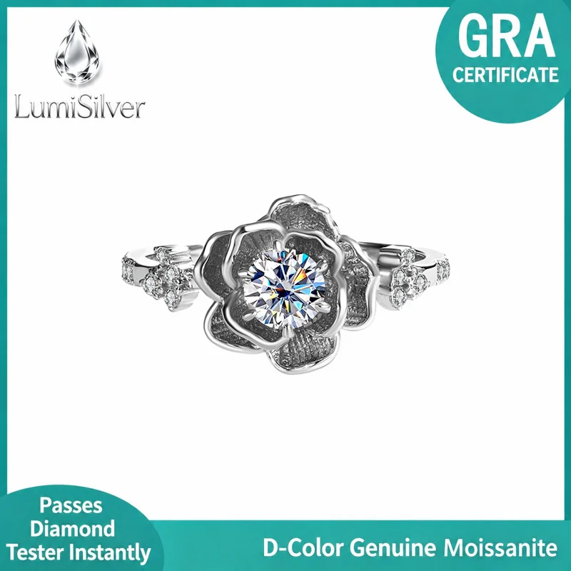 S925 Sterling Silver D Color Moissanite Lotus Ring for Women Classic Wedding Band Elegant Jewelry