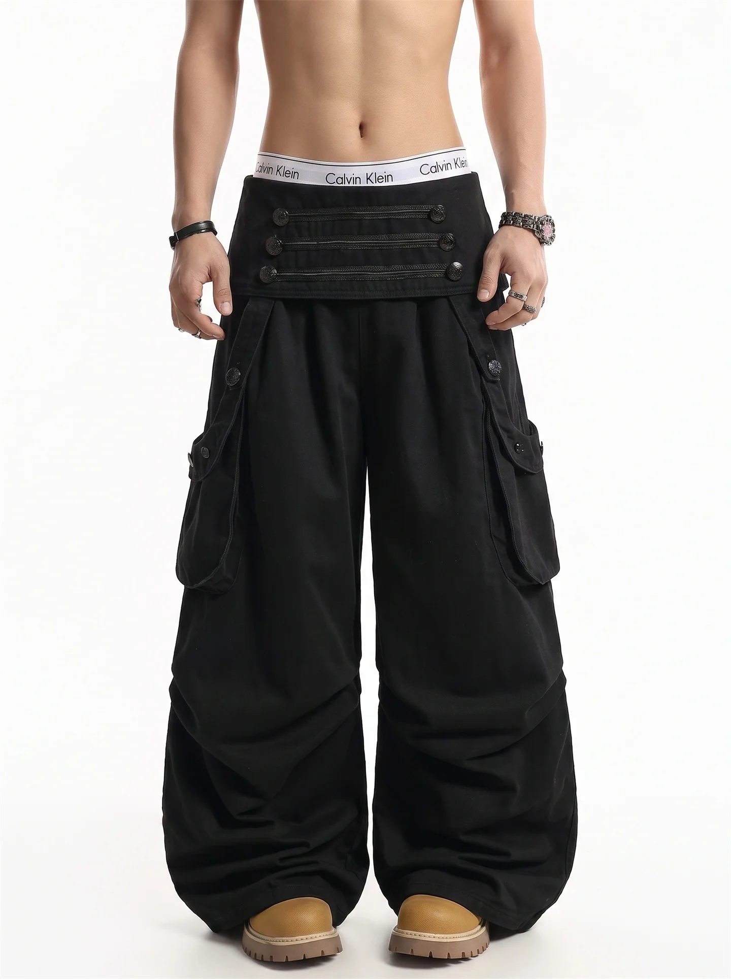 American High Street Napoleon Court Style Buttoned Subculture Wide Leg Paratrooper Workwear Casual Trousers for Men