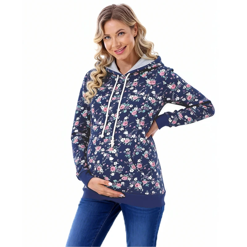 Maternity Clothes Printing Hoodied Winter Thermal Long Sleeve Breastfeeding Nursing Sweater for Postpartum Women Lactation Tops