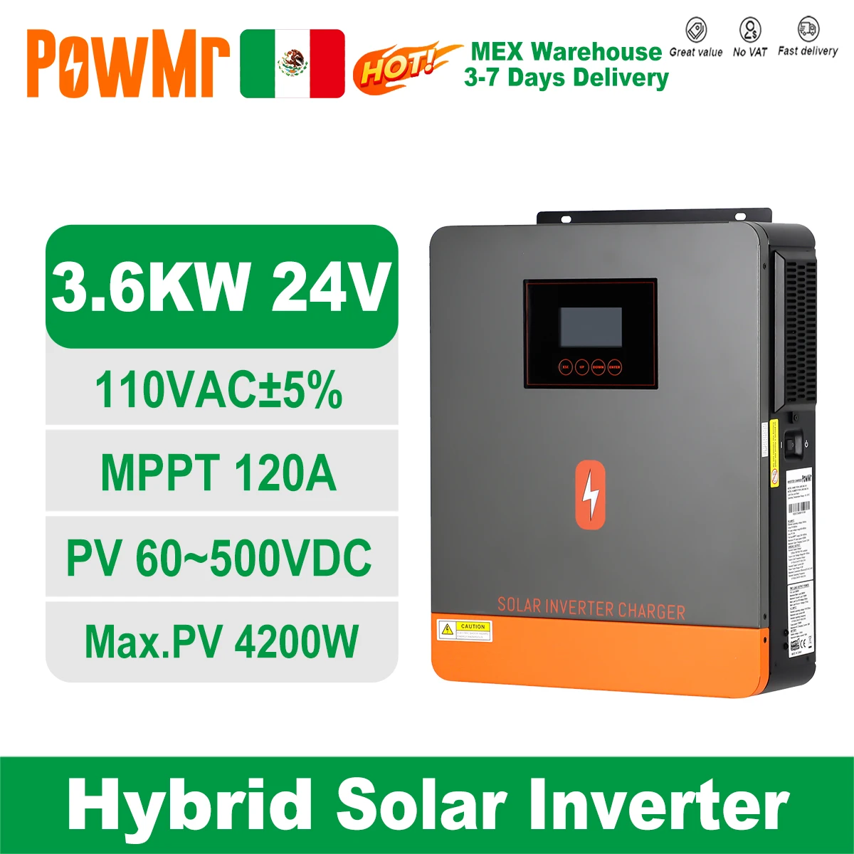 Inversor Solar Híbrido PowMr MEX de 3.6KW, 24V a 110V/120V, Salida Dual, Onda Sinusoidal Pura, Controlador de Carga Solar MPPT de 120A, 50/60hz