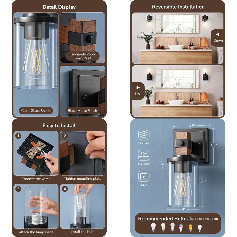 Пара туалетных светильников в деревенском стиле из искусственного дерева и абажура из прозрачного стекла для ванной комнаты, прихожей и гостиной