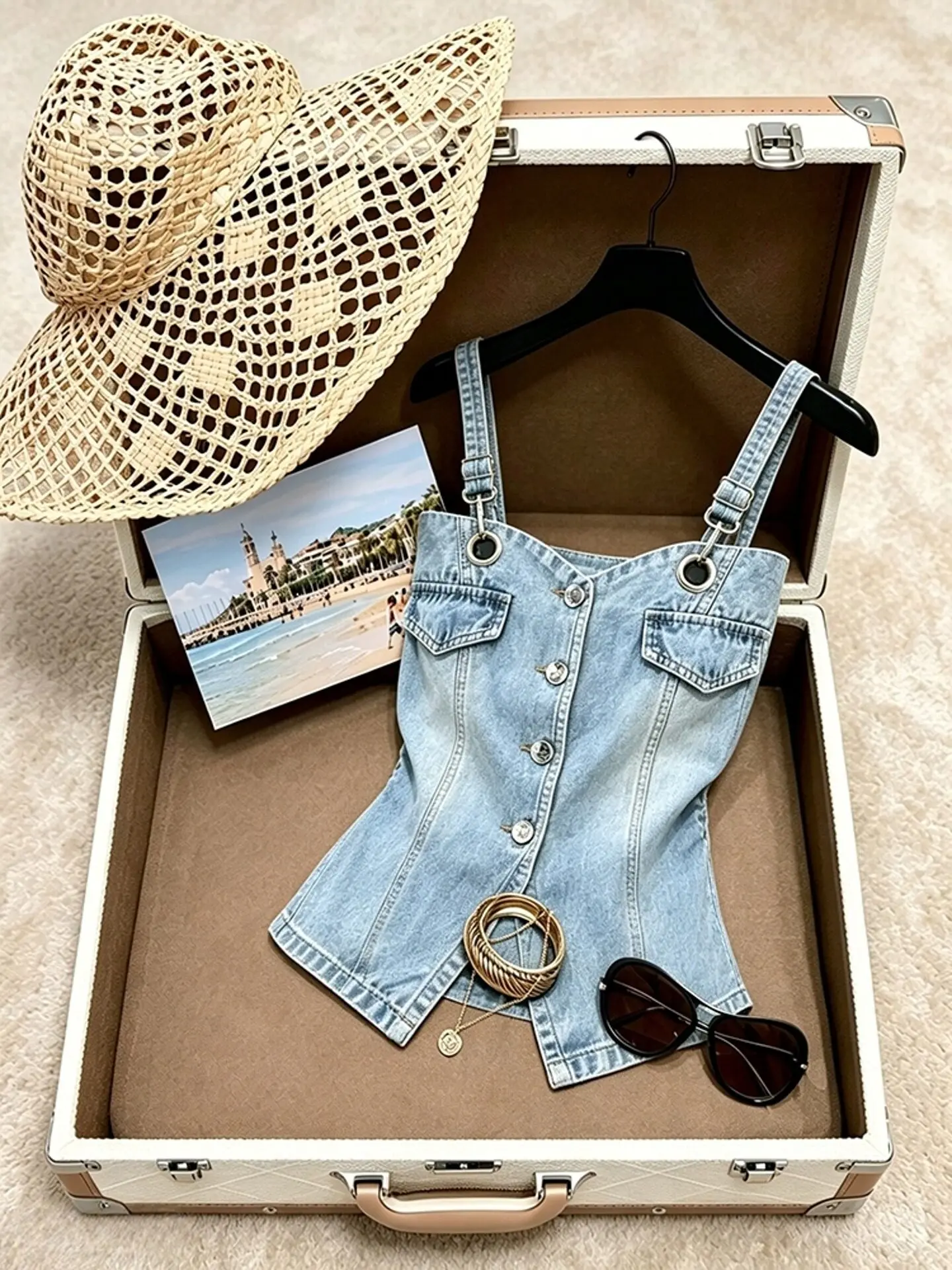 Blue Denim Crop Top Women's Slim Fit Summer Versatile Fashionable Shirt Casual Breathable Single Button Closure Pure Color
