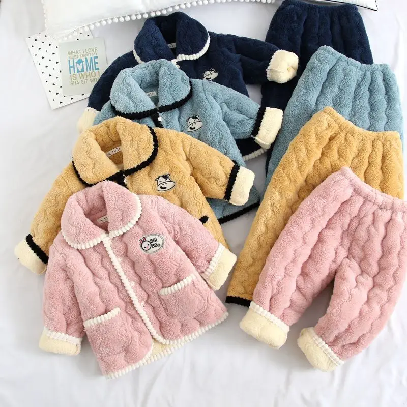 

Winter Children's Three-Layer Quilted Pajamas Flannel Girls Boys Coral Fleece Suit Baby Thickened Homewear