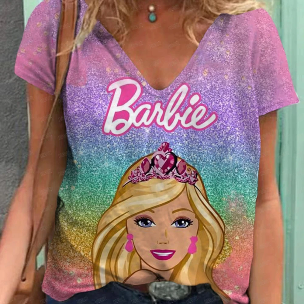 Disney Summer Women T-shirt Barbie Ken Printed Tops Tees Female Fashion Short Sleeve Clothing Girls Luxury Leopard Streetwear