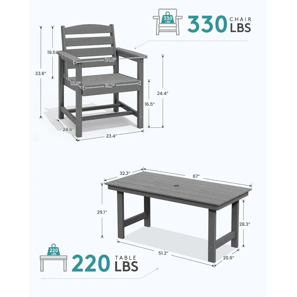 Outdoor Dining Table Set, 7-Piece Outdoor Dining Table Sets with Umbrella Hole Cut-Out Table and 6 Chairs