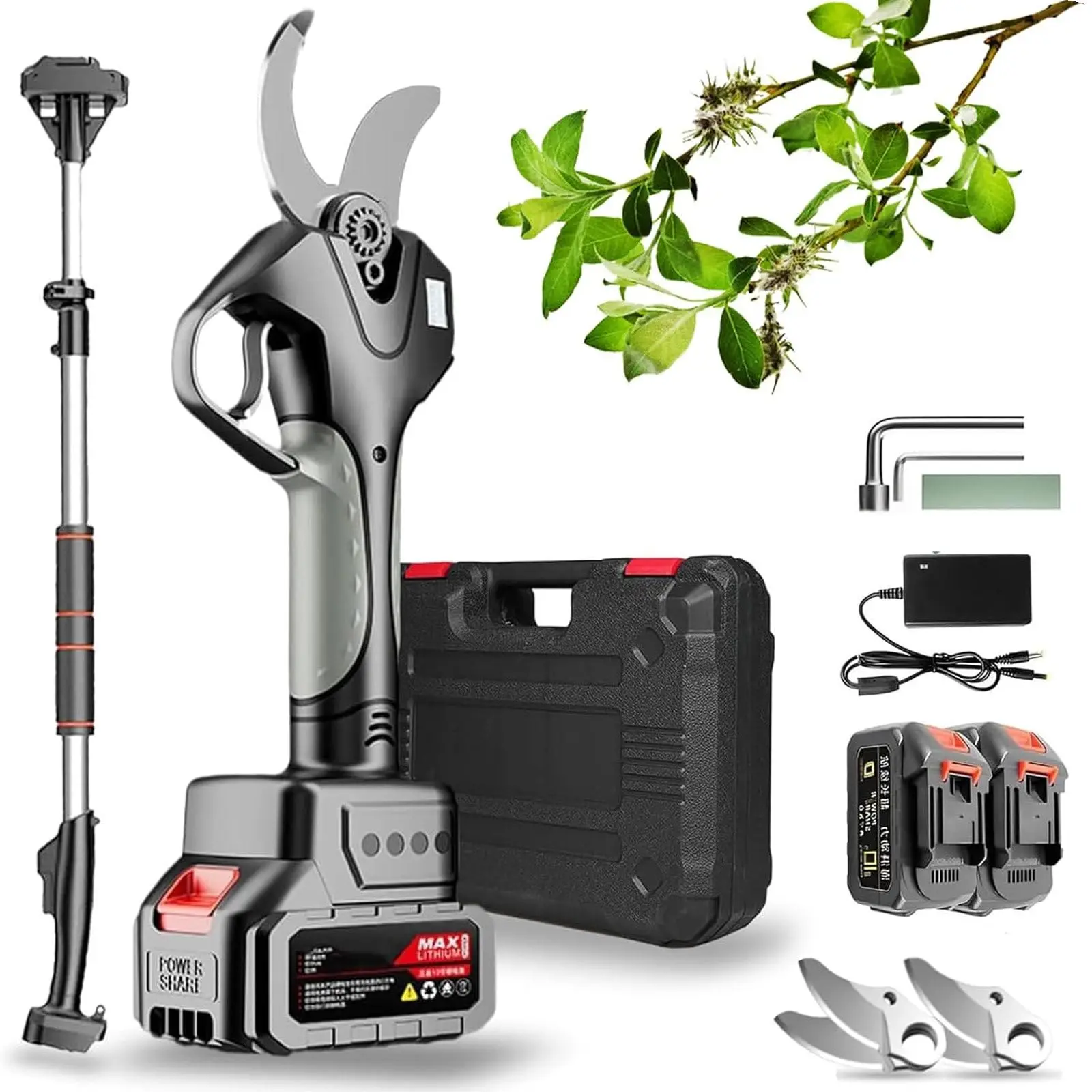 Cordless Electric Pruning Shears, Branch Cutter, 50mm Cutting Diameter, with 2.1m Extension Pole 2 for Pruning Trees and