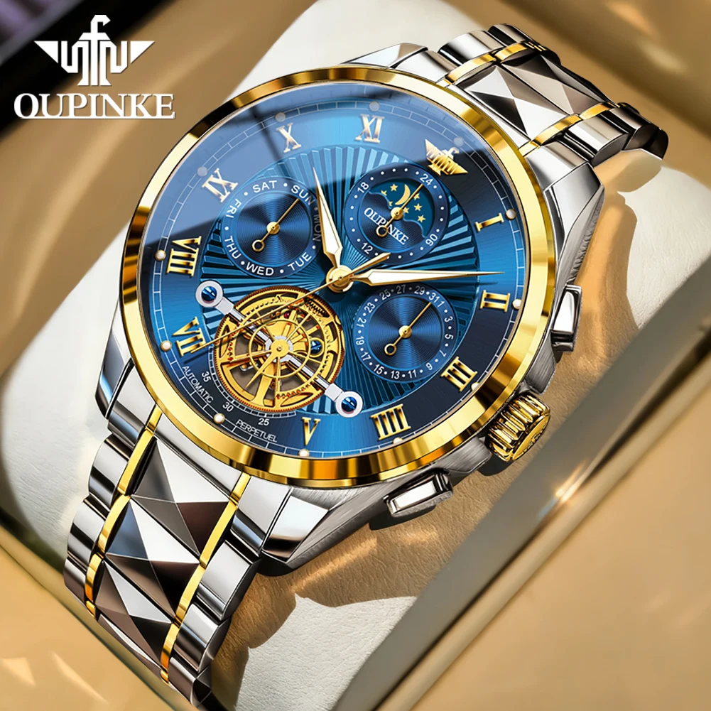 OUPINKE 3322 Heren Mechanisch Horloge Origineel Luxe Wolframstaal Multifunctioneel Skelet Tourbillon Automatisch Horloge voor Heren
