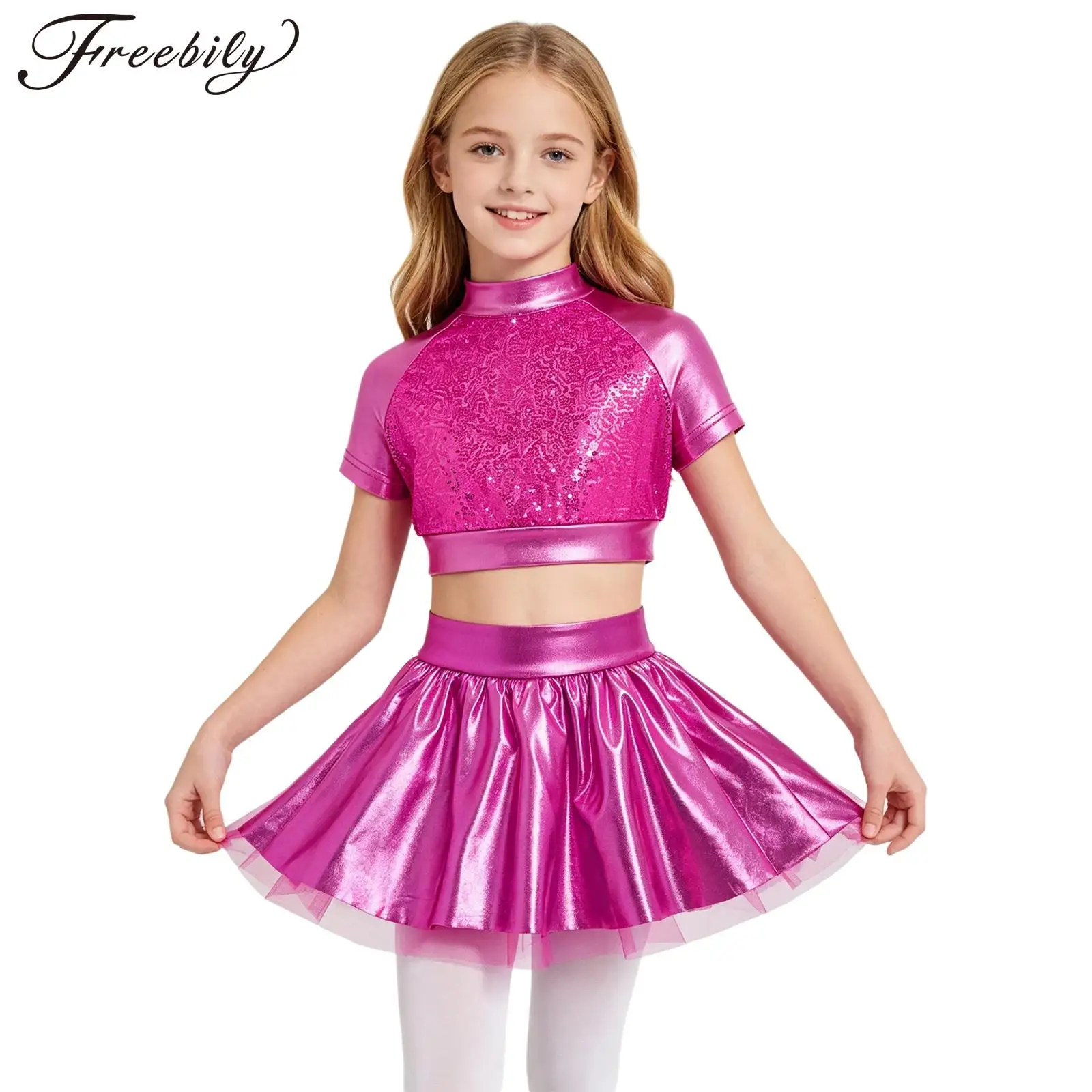 Kids Girls Hip Hop Jazz Dance Outfit Short Sleeve Sequins Metallic Crop Top with Shiny Tutu Skirt Cheerleading Modern Dancewear