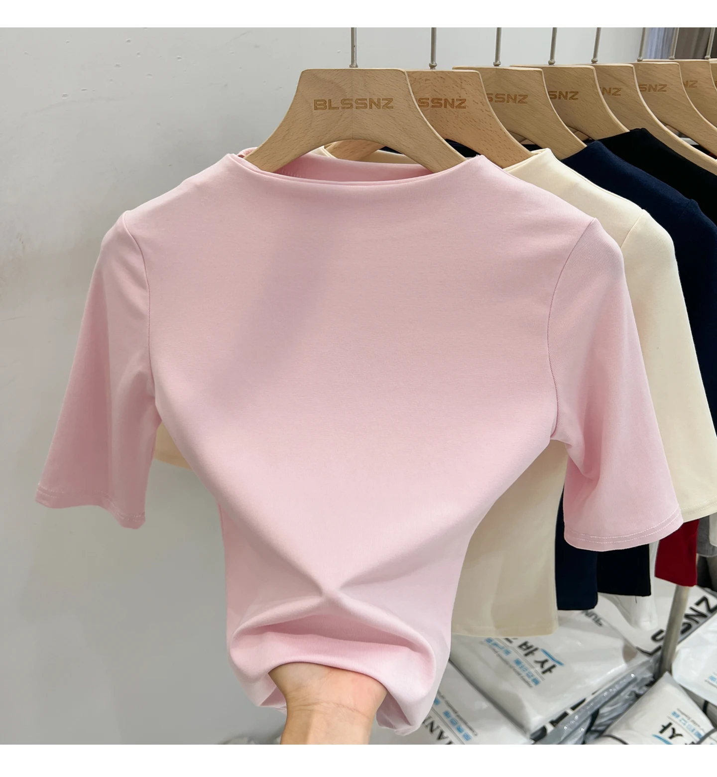 Zjaiss Sommer Damen T-Shirt Aprikose Stehkragen Kurzarm 2026 Frühling Minimalistisches Lässiges Vielseitiges Oberteil Einfarbiges Schlankes T-Shirt – Detail 12