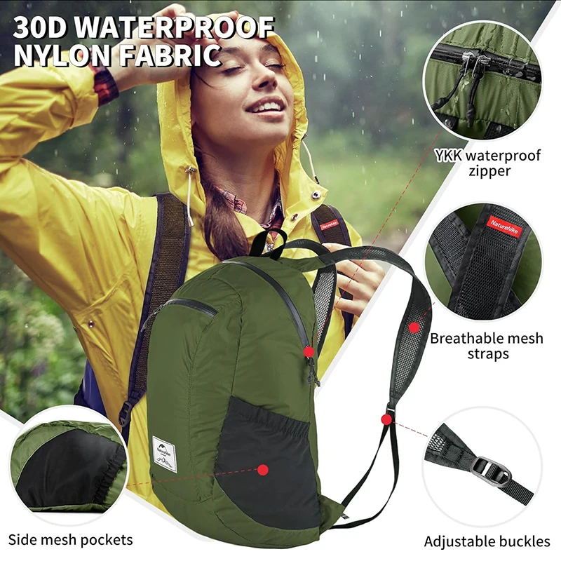 Zaino da campeggio Naturehike Capacità 18 litri Borsa a tracolla impermeabile pieghevole portatile Uomo Donna Zaino da escursionismo da viaggio