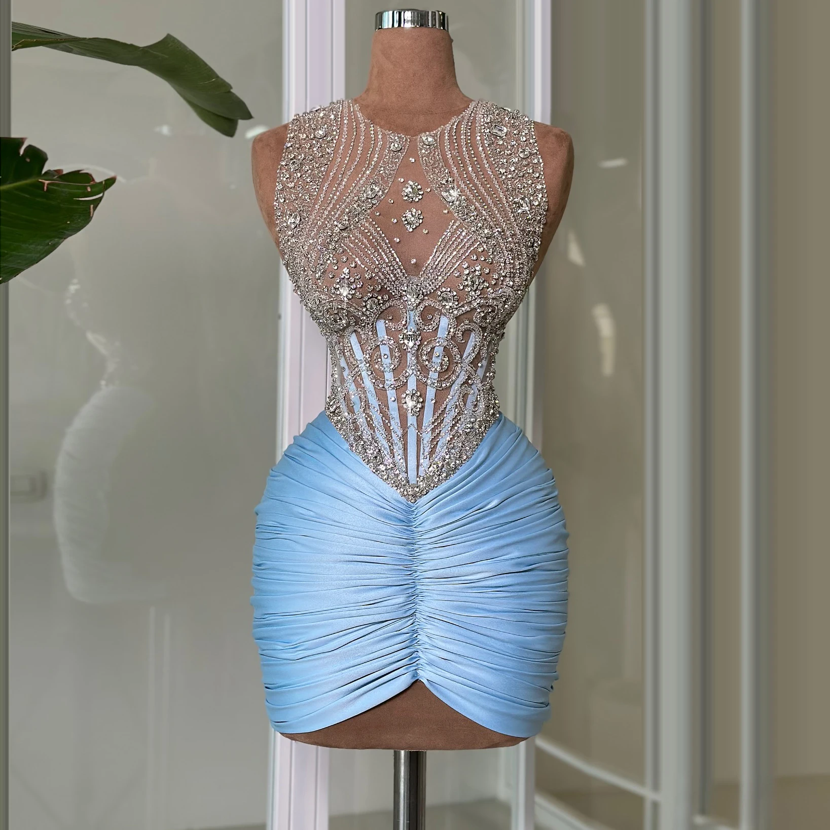 2024 Blauwe Homecoming Jurk O-hals Cocktail Mini Partij Jassen met Strass Bodycon Korte Prom Dress vestidos de gala Aangepaste