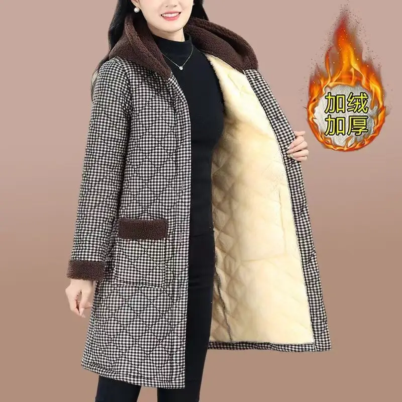 Veste en coton avec capuche épaisse en velours, nouvelle veste chaude en coton mi-longue à carreaux pour l'hiver