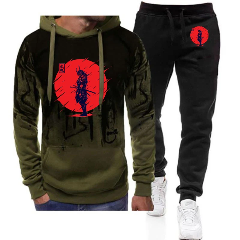 2025 Spring Autumn Men's Japan Samurai Spirit Logo Print Popular Gradient Color Hoodies+Drawstring Sweatpants High Quality Sets
