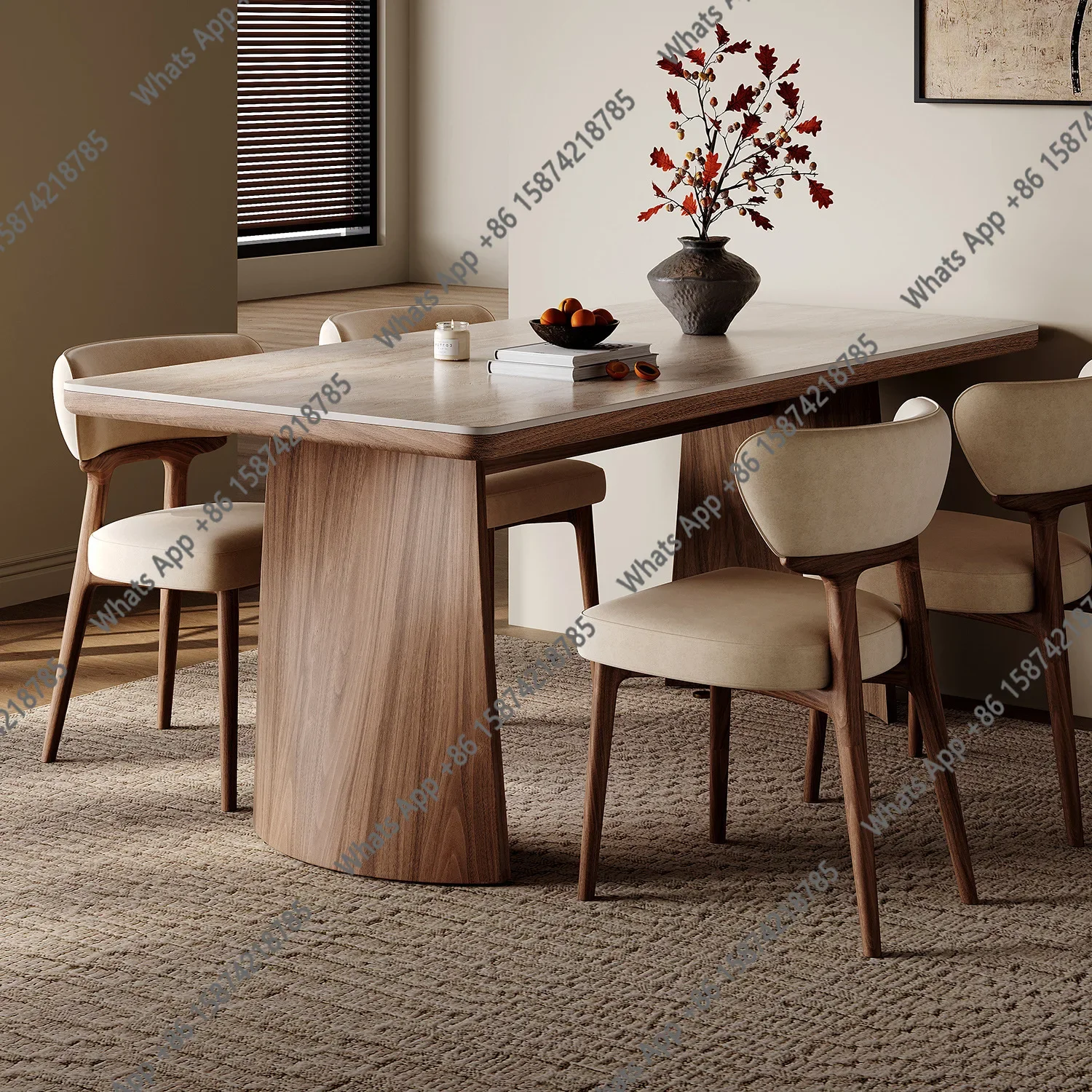 X Medieval Solid Wood Travertine Rock Slab Dining Table And Chair Combination Household 2025 New Nordic Walnut Rectangular Dinin