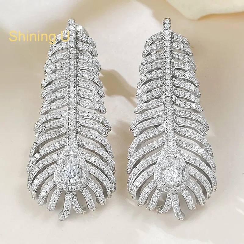 Shining U S925 Silver Feather Shape Drop Earrings for Women Fine Jewelry Wedding