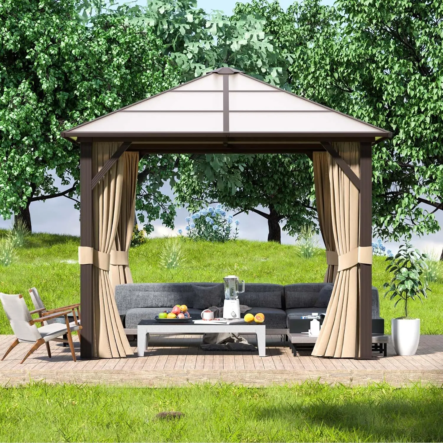10'x10' Gazebo Single Polycarbonate Top, Outdoor Polycarbonate Frame Permanent Gazebo with Curtains and Netting, for, Custom