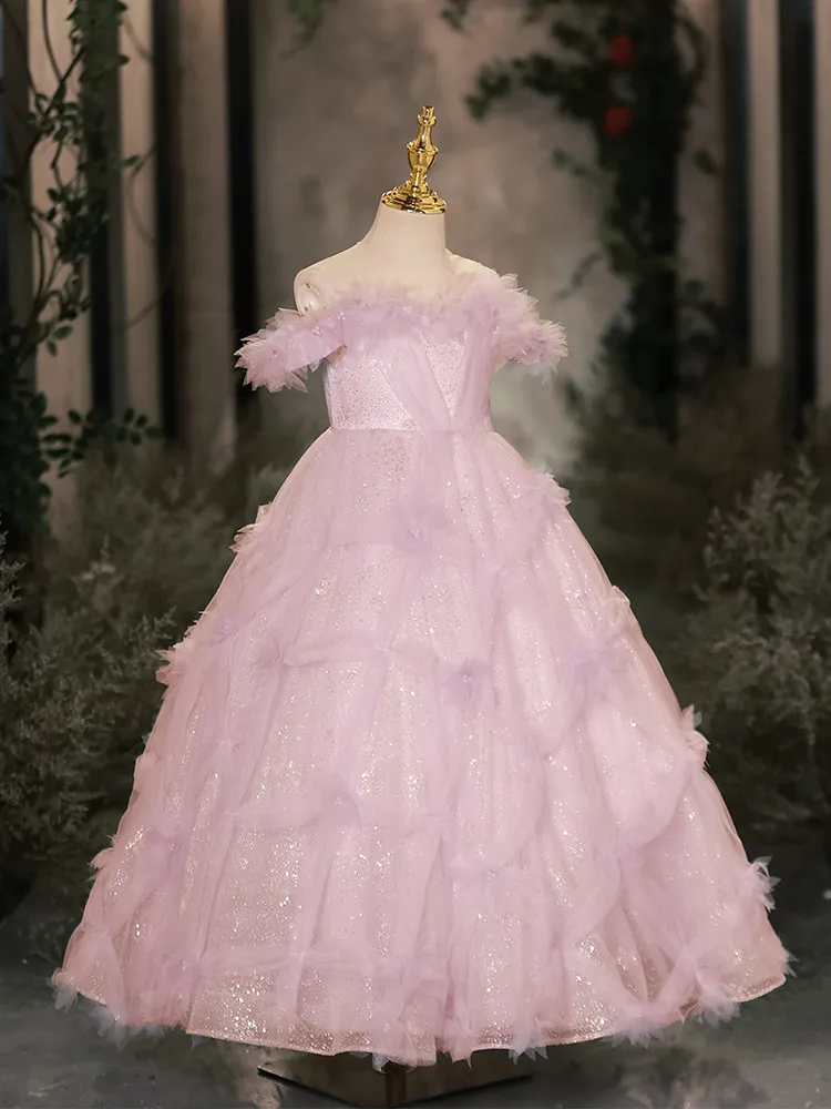 Custom Off Shoulder Feather Trim Tiered Glitter Tulle Flower Girl Dress Wedding Gown for First Christmas Kids Party Outfit