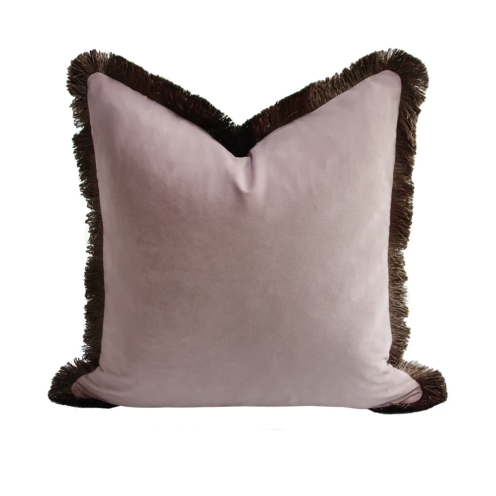 RUIYI Bohemian Style Green and Pink Velvet Decorative Cushion Cover With Brown Fringe 45X45CM Sofa Throw Pillow