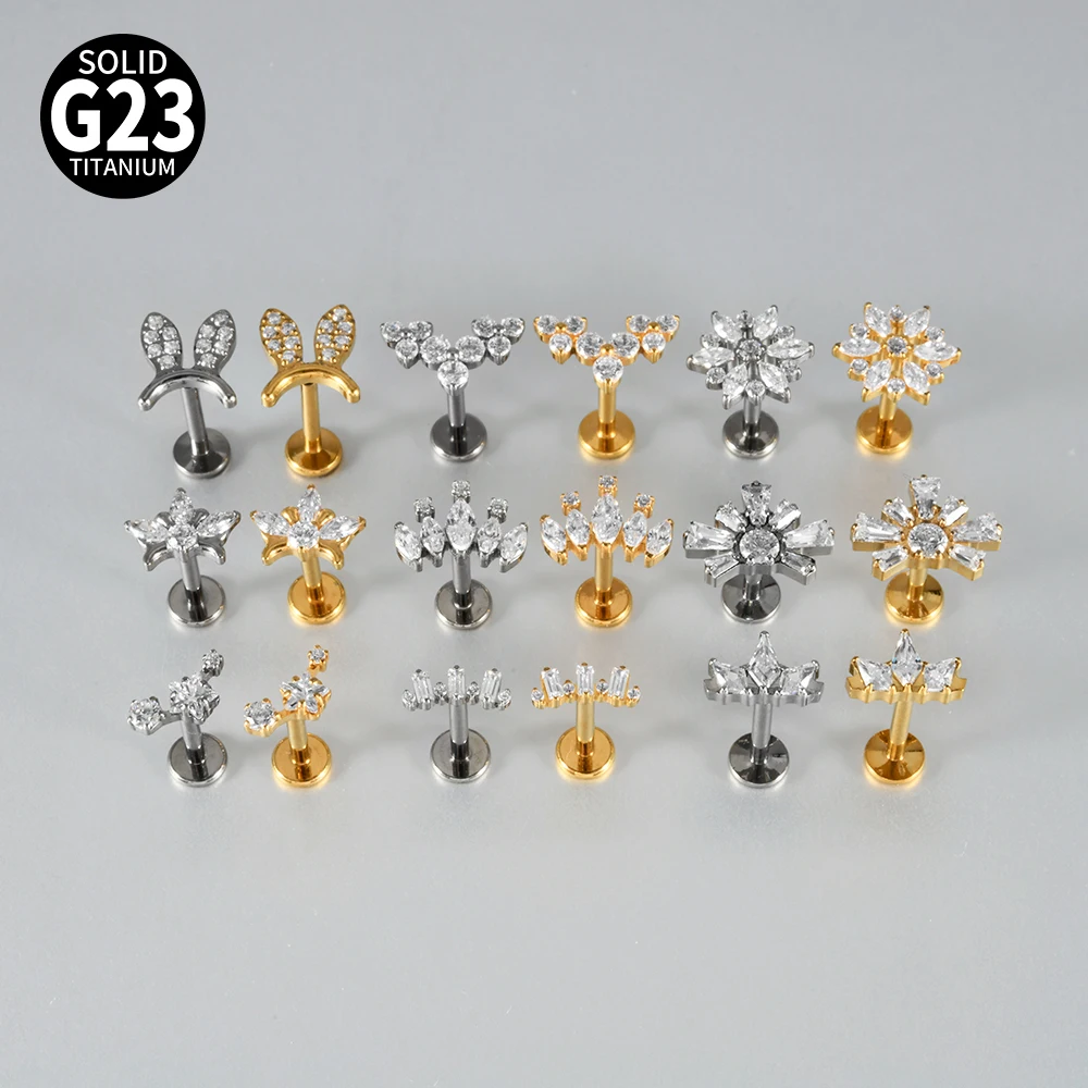 16G Cz Crown Pure Titanium Lip Studs