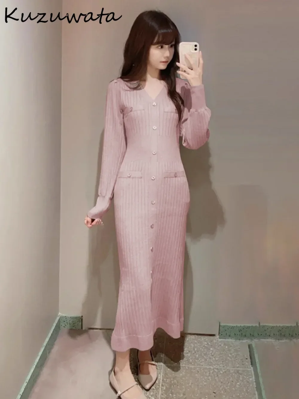 Kuzuwata Minority Elegant V Neck Lantern Sleeve Knit Dress Mermaid Panelled French Style Mujer Japan Small Fragrance Stripe Robe