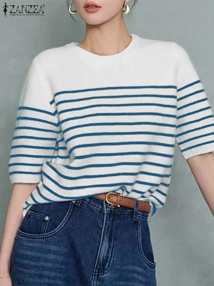 ZANZEA Summer All-match Stripes T-shirts Women Casual Short Sleeve Blouse Korean Basic Loose Tees Harajuku Oversized Tops Shirts