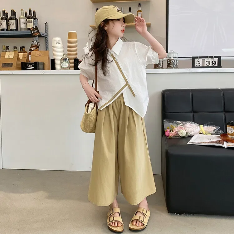 

Girl Irregular Short Sleeve Tops+Wide-leg Pants Kid Casual Clothing Set 2025 Korean Summer School Girl 2PCS Clothes Set Teenager