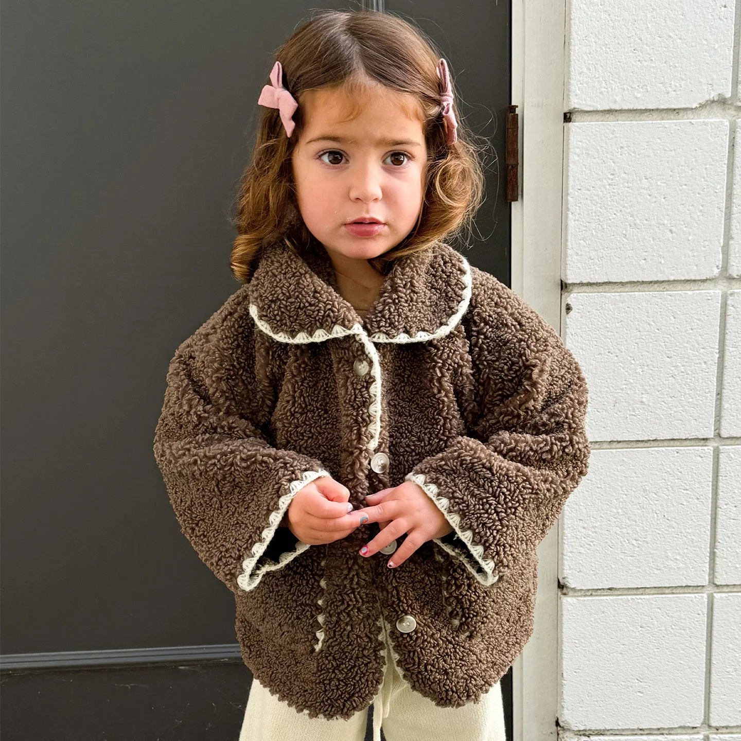 

Winter Kids Girls Woolen Jacket Peter Pan Collar Contrast Thicken Warm Toddler Girls Parkas Versatile Little Girl Outerwear Coat