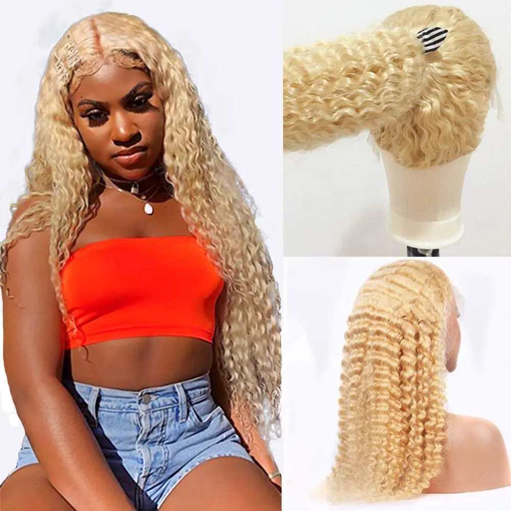 613 Blonde  Deep Wave 180% Blonde 13x4 Lace Forehead Human Hair Wig  20 38 Inch Glueless Curly Hair Women Human Hair Wig