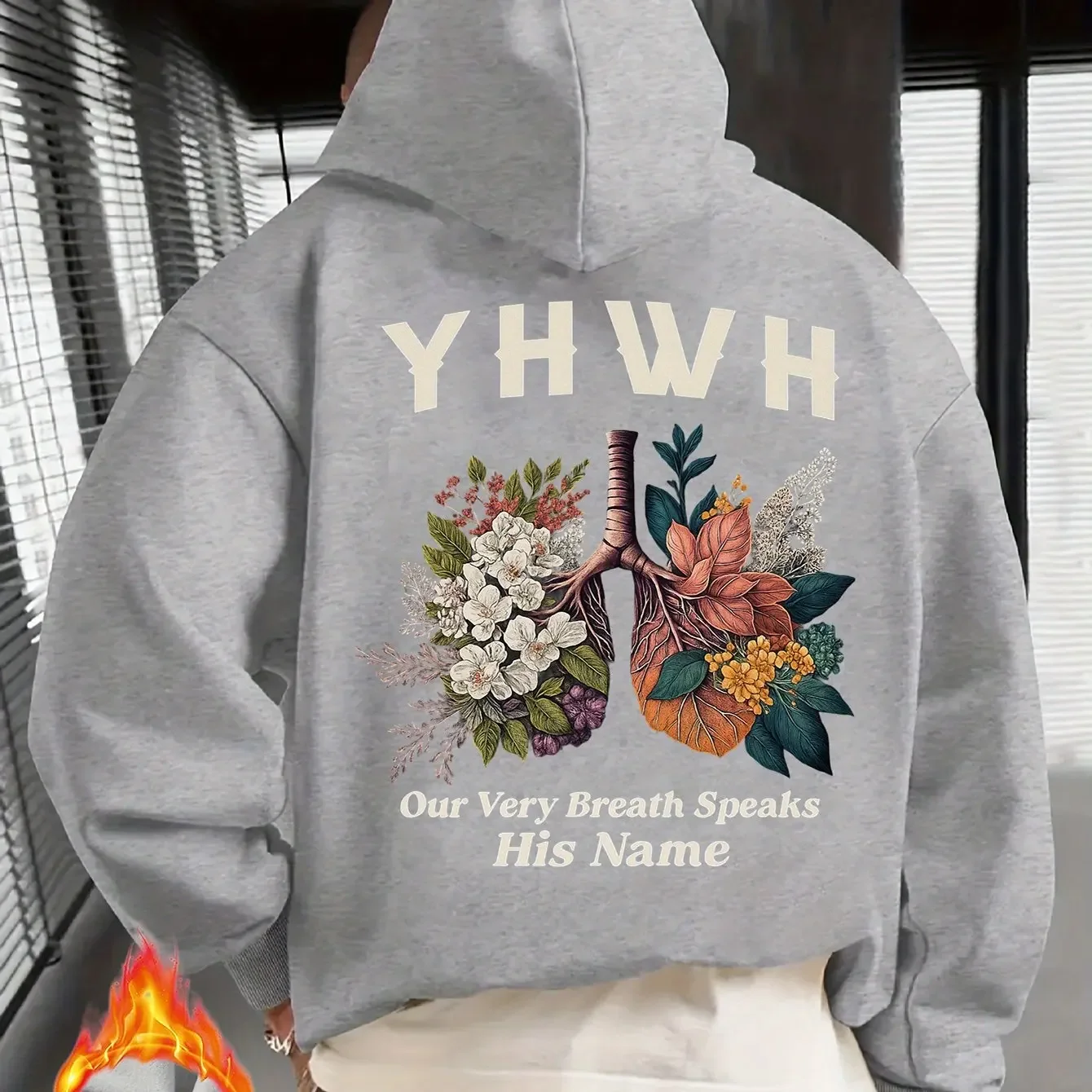 Floral Anatomical Lung Art Print Inspirational Slogan Back‑print Brown Oversized Thick Fleece Unisex Drawstring Hoodie Pullover