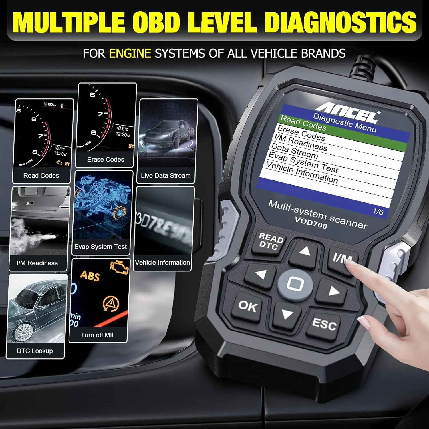 ANCEL VOD700 Skaner OBD2 do Volvo Car Code Reader Diagnostic Scan Tool ABS Bleeding Injector Oil ETC BMS EPB TPMS DPF Reset